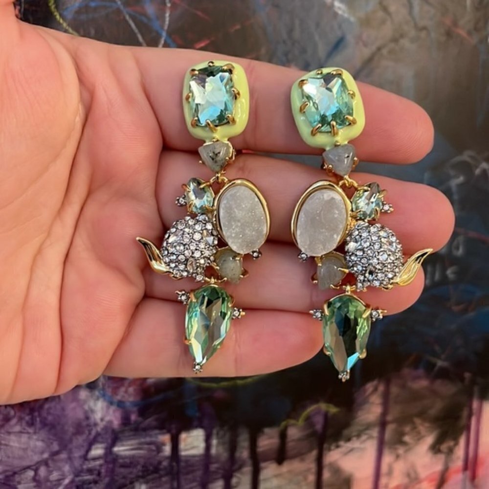Alexis Bittar Green Multi Stone Earrings Crystal Drop Statement Dangle Gemstone